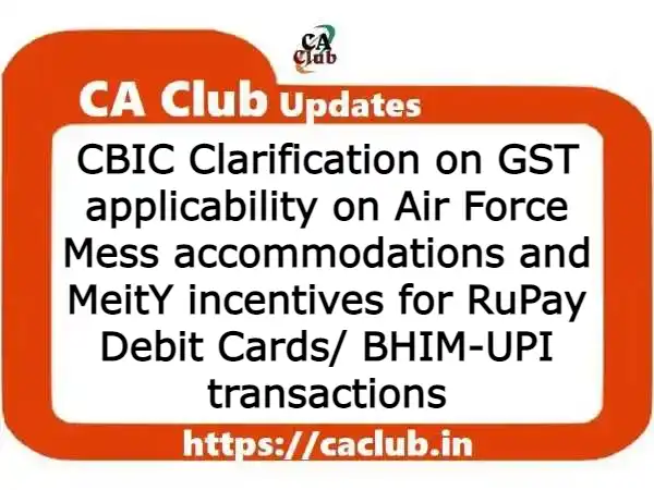 CBIC Clarification on GST applicability on Air Force Mess accommodations and MeitY incentives for RuPay Debit Cards/ BHIM-UPI transactions